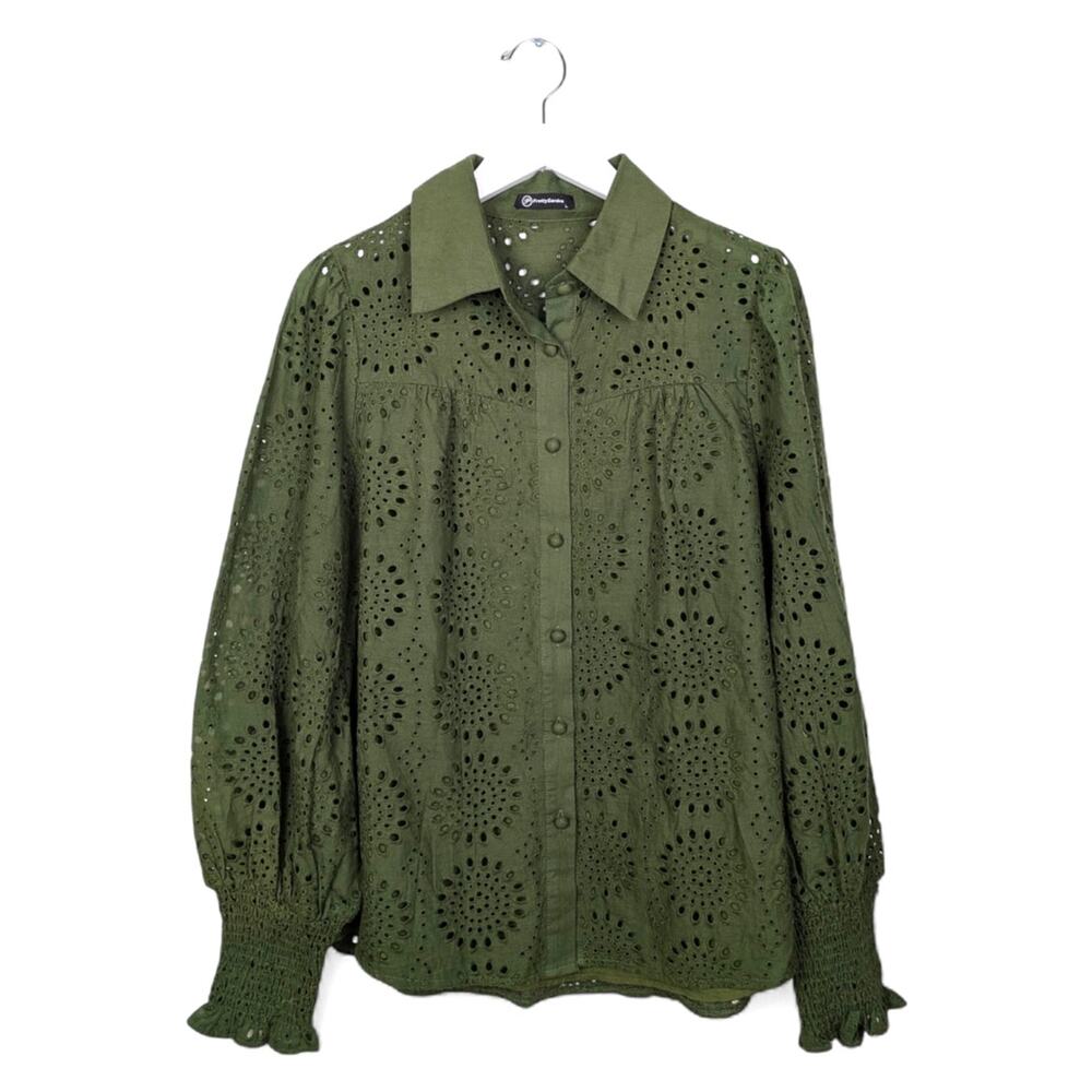 PRETTY GARDEN Eyelet Shirt 100% Cotton Ruched Cuffs - Size L